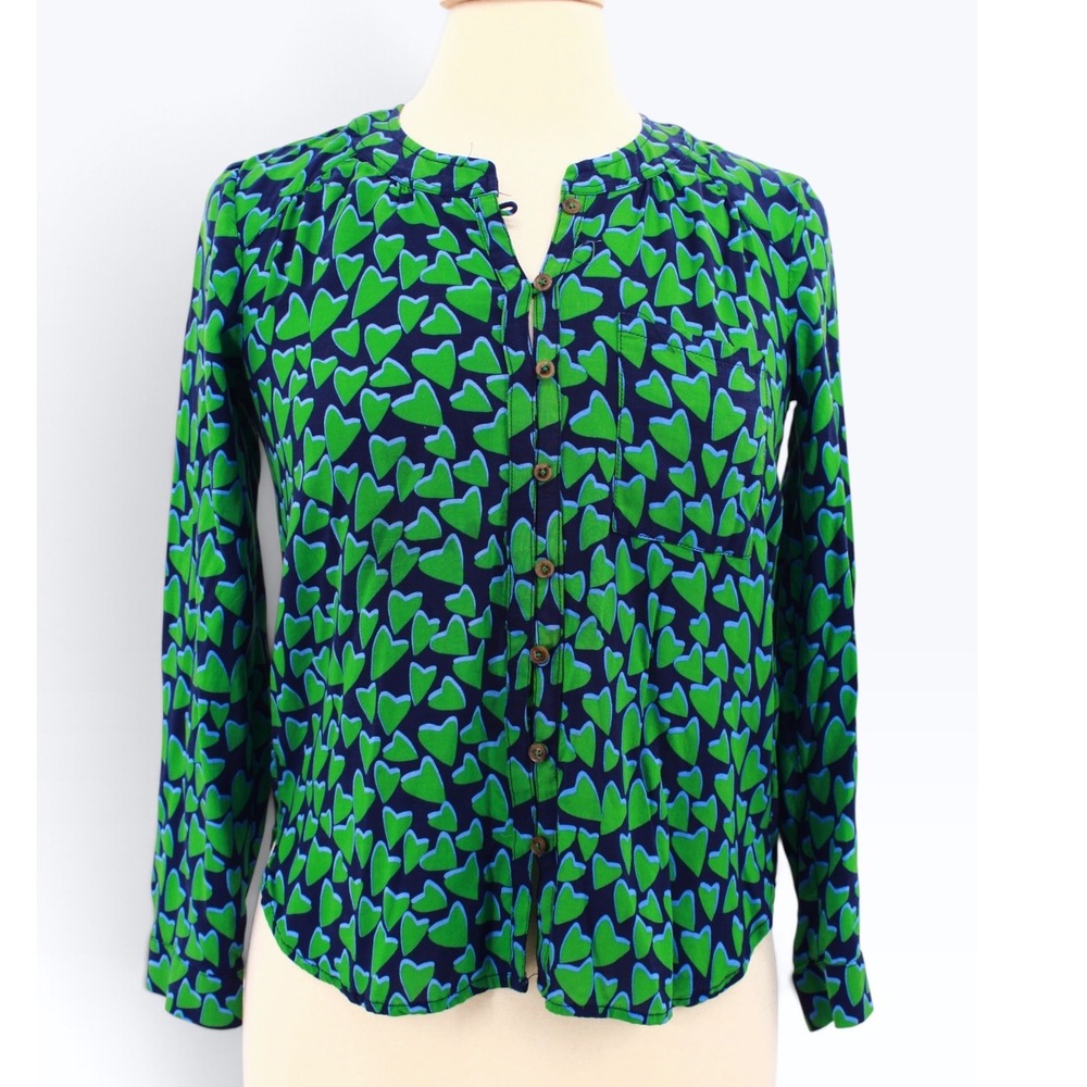 Conversations by Anthropologie Heart Print Button Down Blouse Navy Green 0P